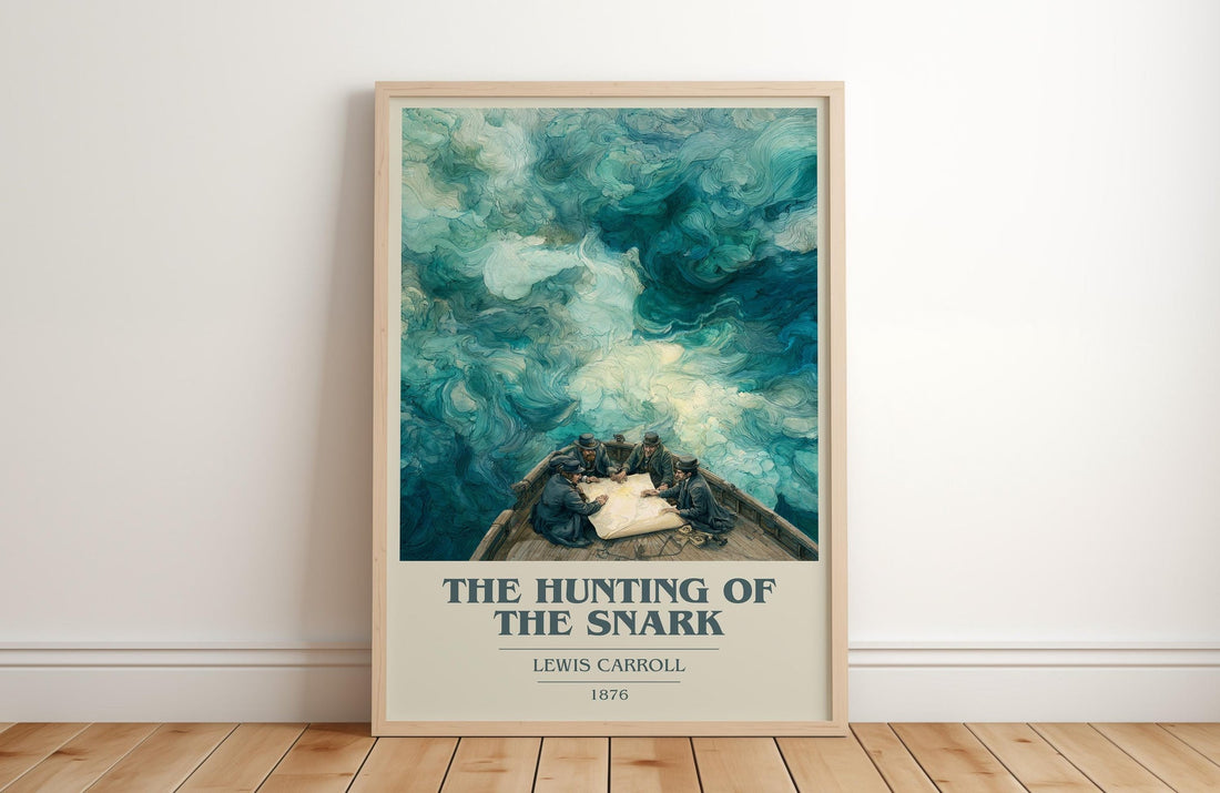 The Hunting Of The Snark book cover print in frame leaning in hallway – historical fiction wall art (mockup)