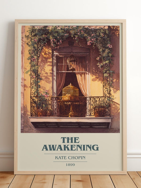 The Awakening book cover print in frame leaning in hallway – classic literature wall art