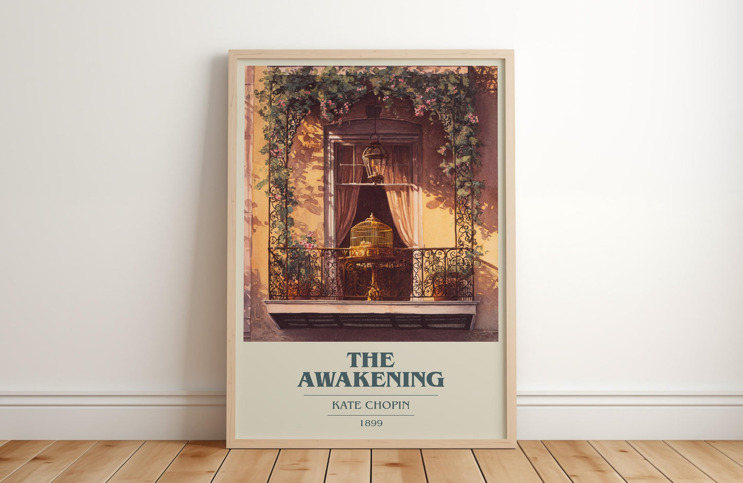The Awakening book cover print in frame leaning in hallway – classic literature wall art