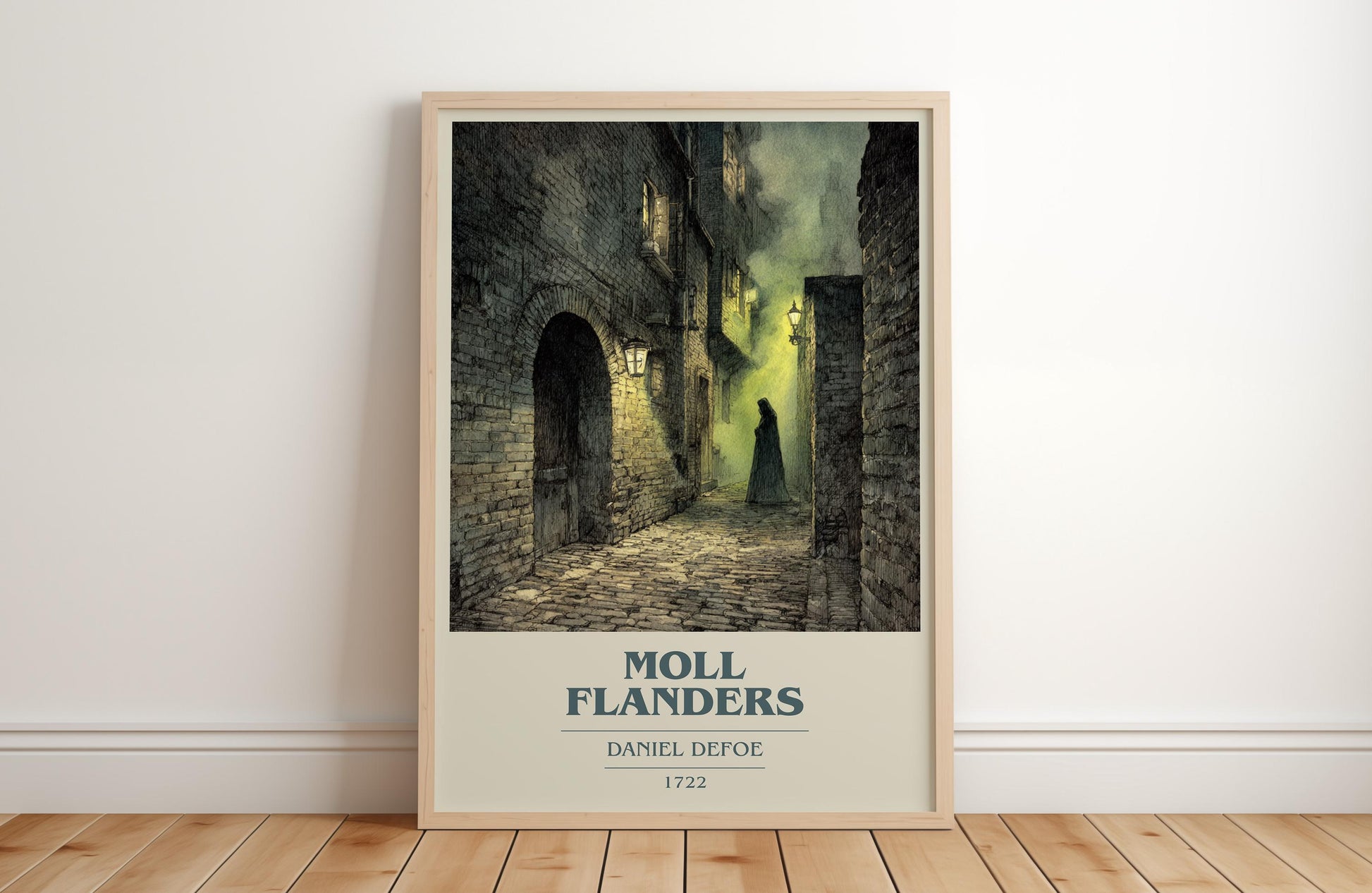 Moll Flanders book cover print in frame leaning in hallway – classic literature wall art