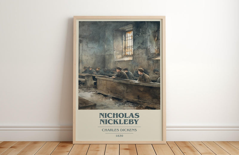Nicholas Nickleby book cover print in frame leaning in hallway – classic literature wall art