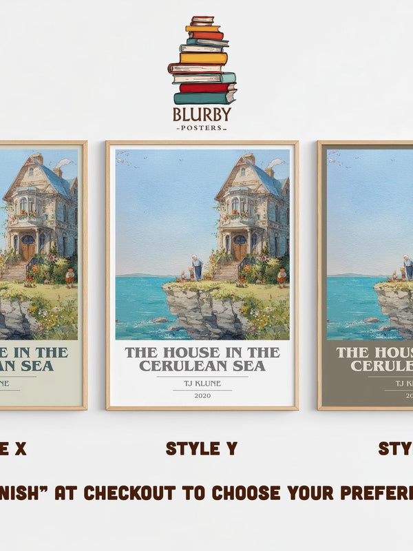 The House in the Cerulean Sea book cover print in frame leaning in hallway – satire wall art