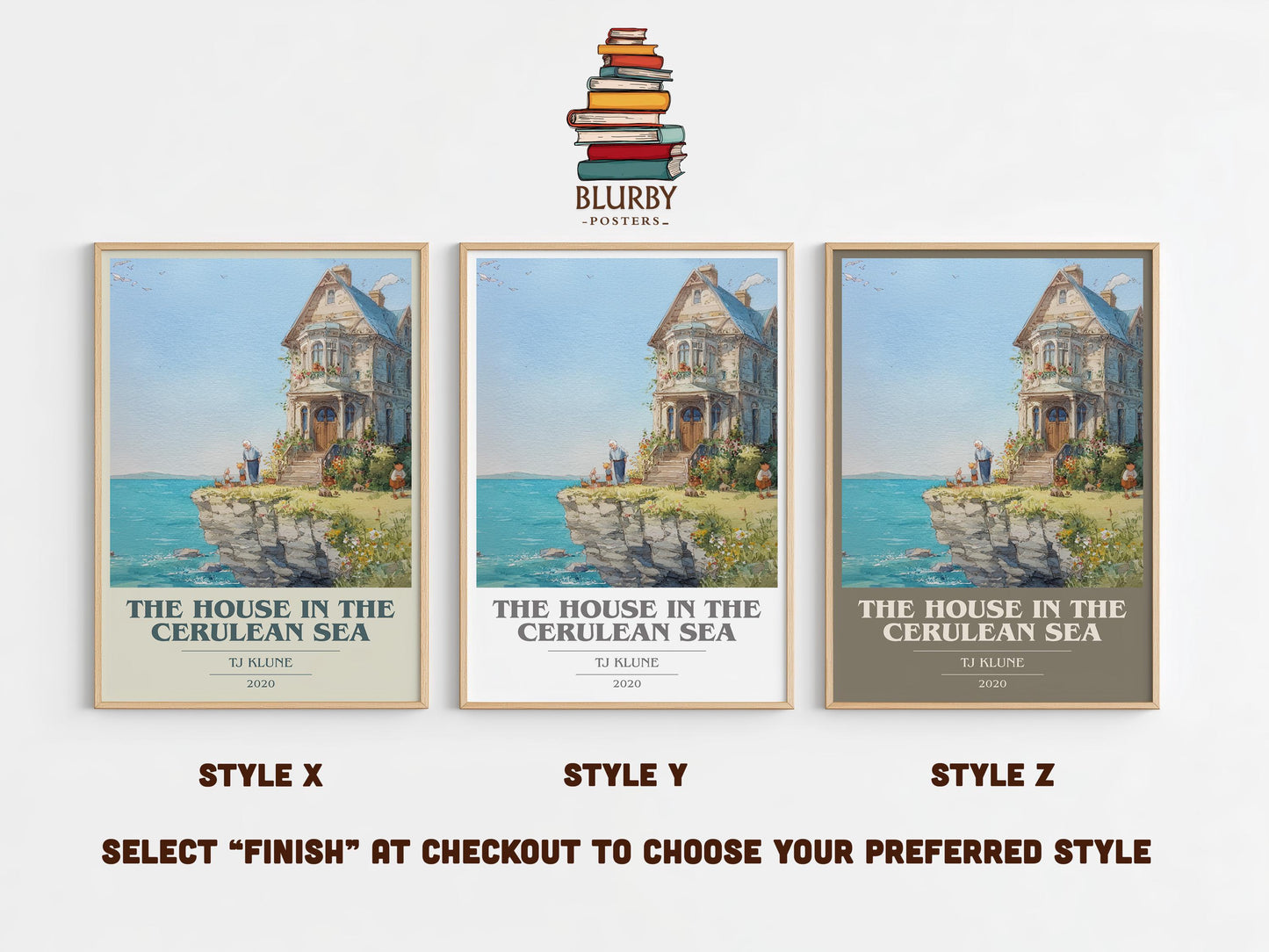 The House in the Cerulean Sea book cover print in frame leaning in hallway – satire wall art