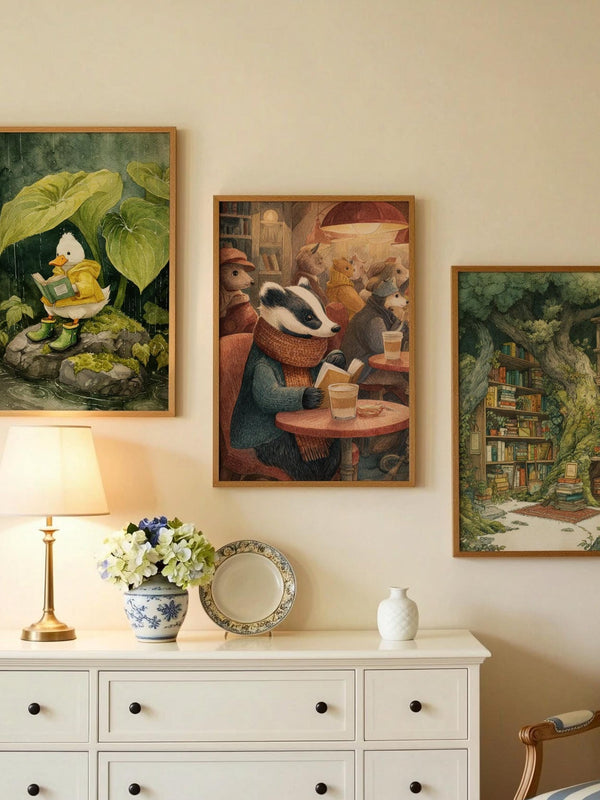 Badger Book Print | Cozy Wall Decor | Cute Gift For Book Lover | Book Nook Poster | Book Art | Gift For Reader | Aesthetic Room Art - Book Poster Art Print Decor Bookish