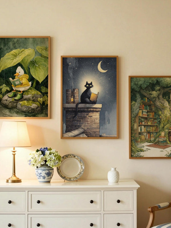 Cat on Roof Book Print | Cozy Wall Decor | Cute Gift For Book Lover | Book Nook Poster | Book Art | Gift For Reader | Aesthetic Room Art - Book Poster Art Print Decor Bookish