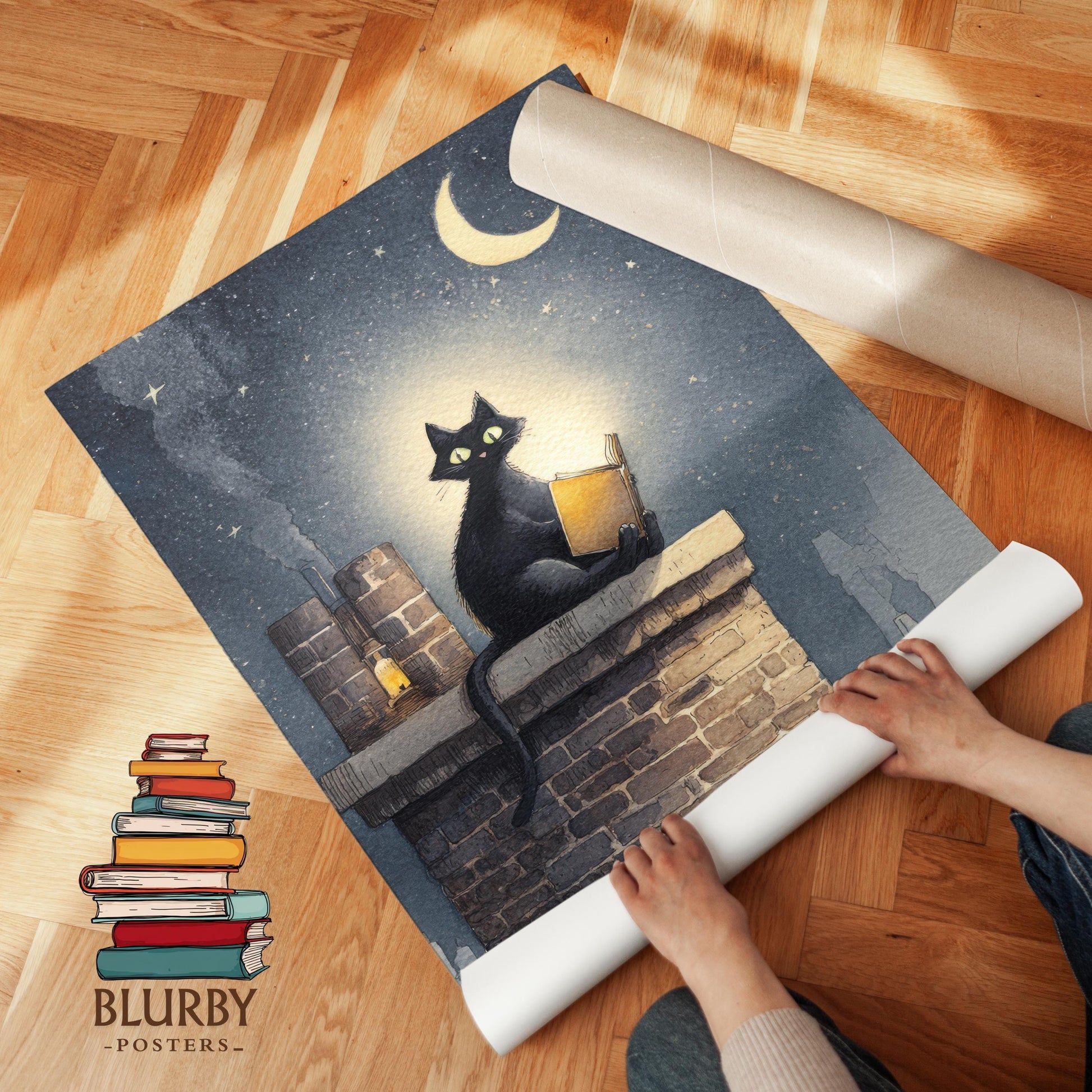 Cat on Roof Book Print | Cozy Wall Decor | Cute Gift For Book Lover | Book Nook Poster | Book Art | Gift For Reader | Aesthetic Room Art - Book Poster Art Print Decor Bookish