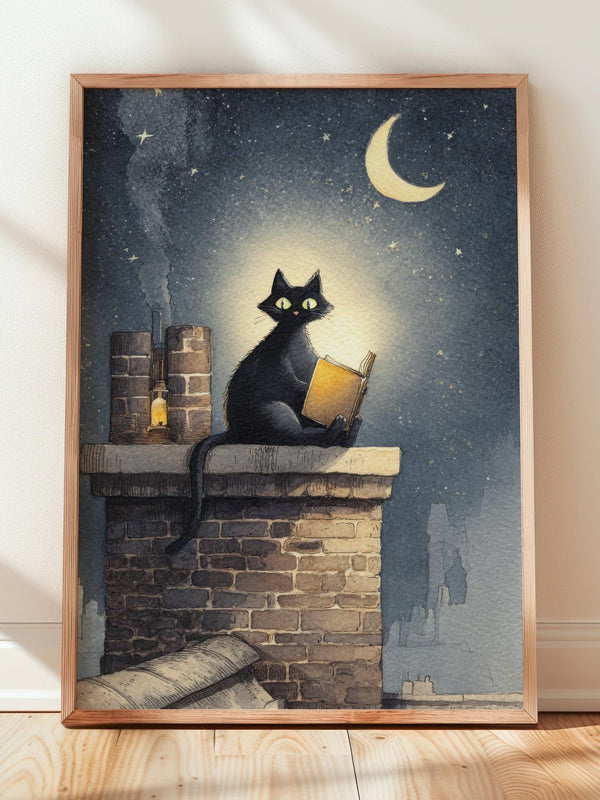 Cat on Roof Book Print | Cozy Wall Decor | Cute Gift For Book Lover | Book Nook Poster | Book Art | Gift For Reader | Aesthetic Room Art - Book Poster Art Print Decor Bookish