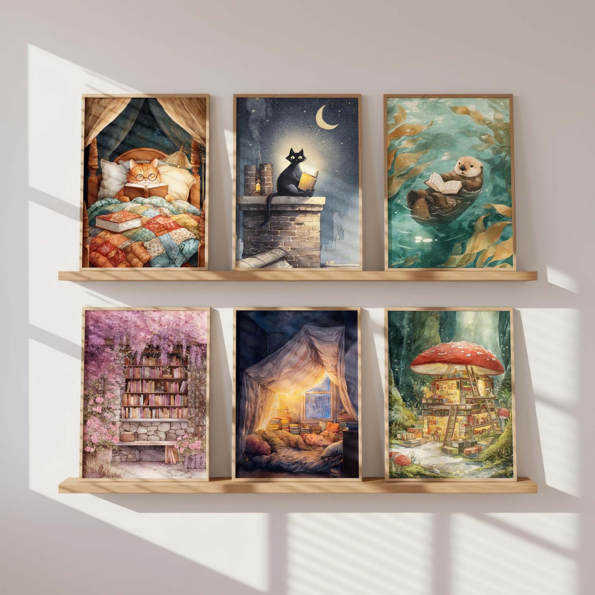 Cat on Roof Book Print | Cozy Wall Decor | Cute Gift For Book Lover | Book Nook Poster | Book Art | Gift For Reader | Aesthetic Room Art - Book Poster Art Print Decor Bookish