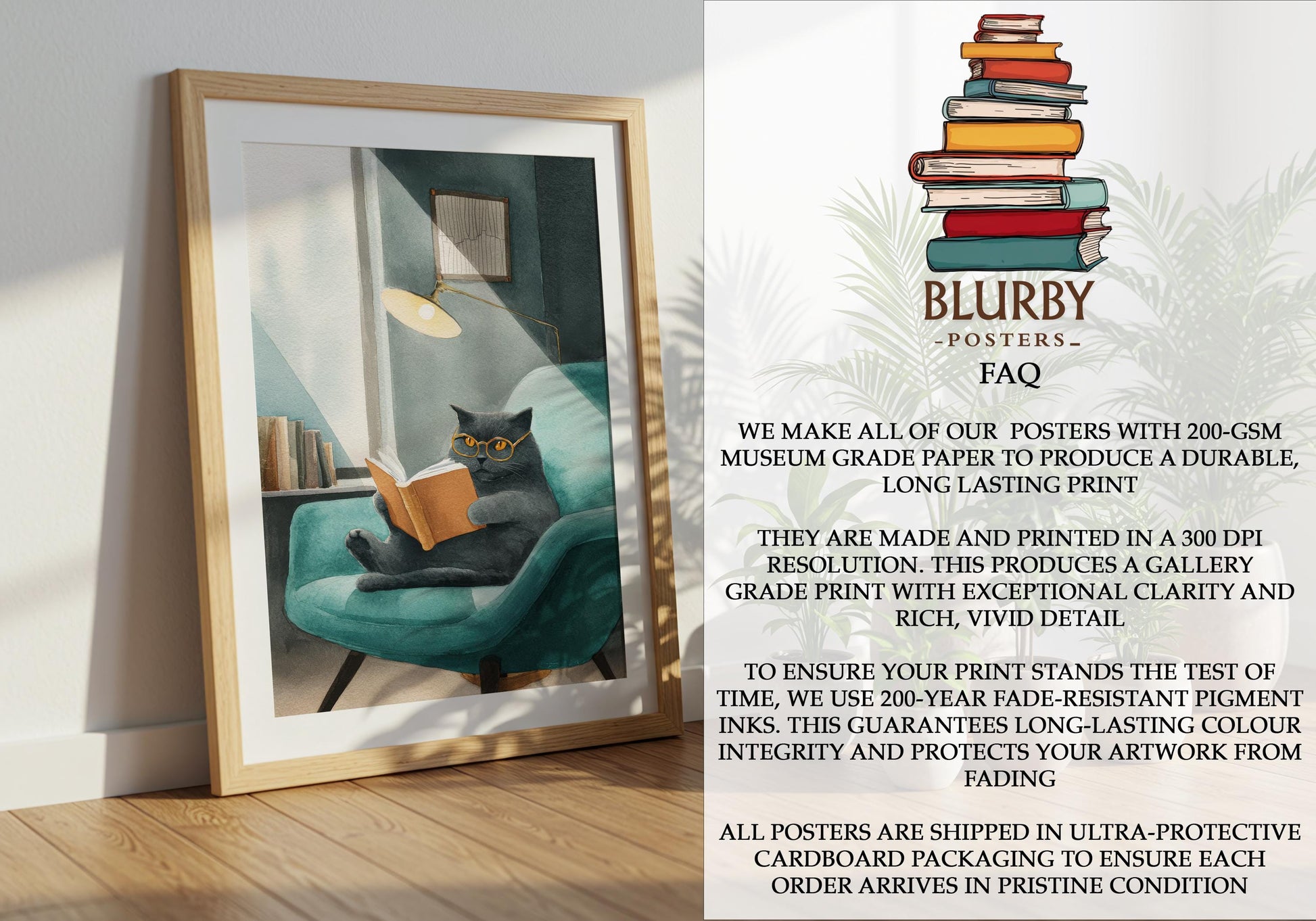 British Blue Cat Print | Cozy Wall Decor | Cute Gift For Book Lover | Book Nook Poster | Book Art | Gift For Reader | Aesthetic Room Art - Book Poster Art Print Decor Bookish