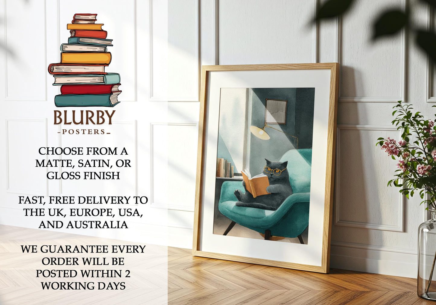 British Blue Cat Print | Cozy Wall Decor | Cute Gift For Book Lover | Book Nook Poster | Book Art | Gift For Reader | Aesthetic Room Art - Book Poster Art Print Decor Bookish