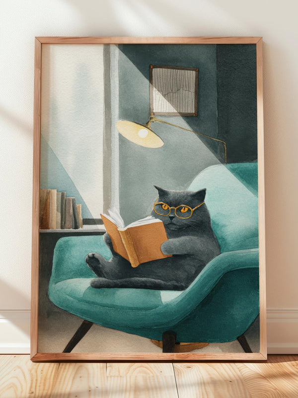 British Blue Cat Print | Cozy Wall Decor | Cute Gift For Book Lover | Book Nook Poster | Book Art | Gift For Reader | Aesthetic Room Art - Book Poster Art Print Decor Bookish