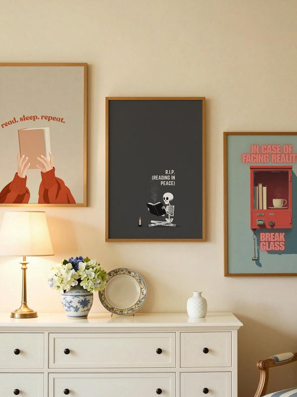 R.I.P Reading In Peace Skeleton | Dark Academia Art | Cozy Wall Decor | Book Lover Gift | Nook Poster | Reader Art | Aesthetic Art - Book Poster Art Print Decor Bookish