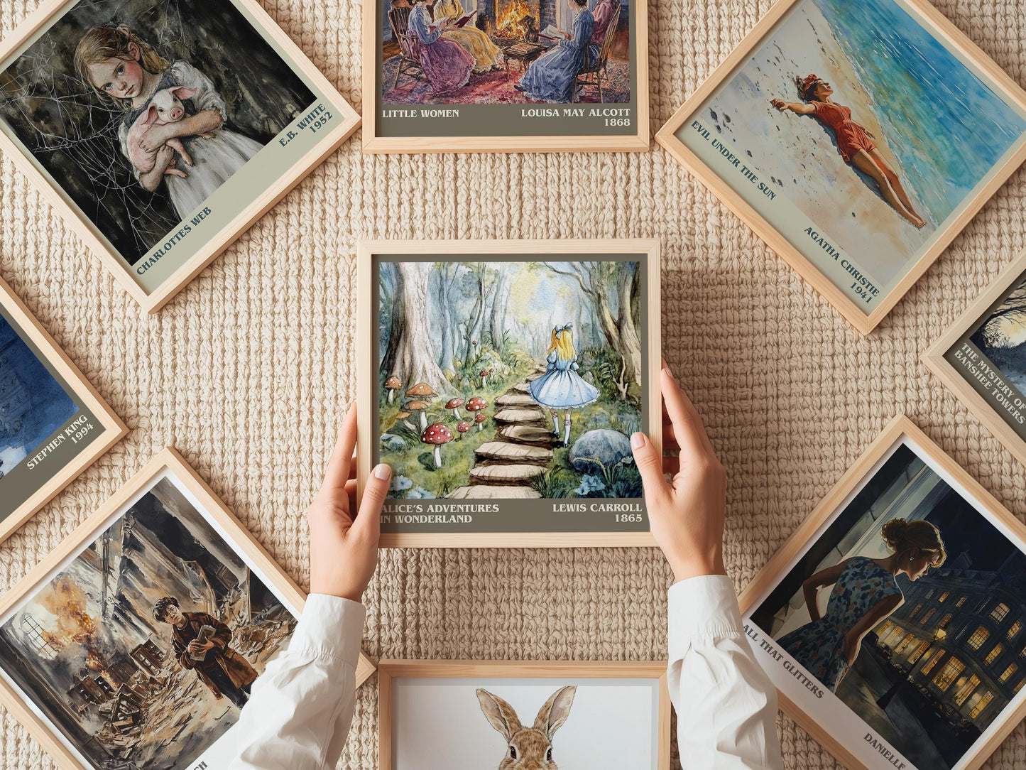 Alice's Adventures in Wonderland literary print on bookshelf – Lewis Carroll fan gift