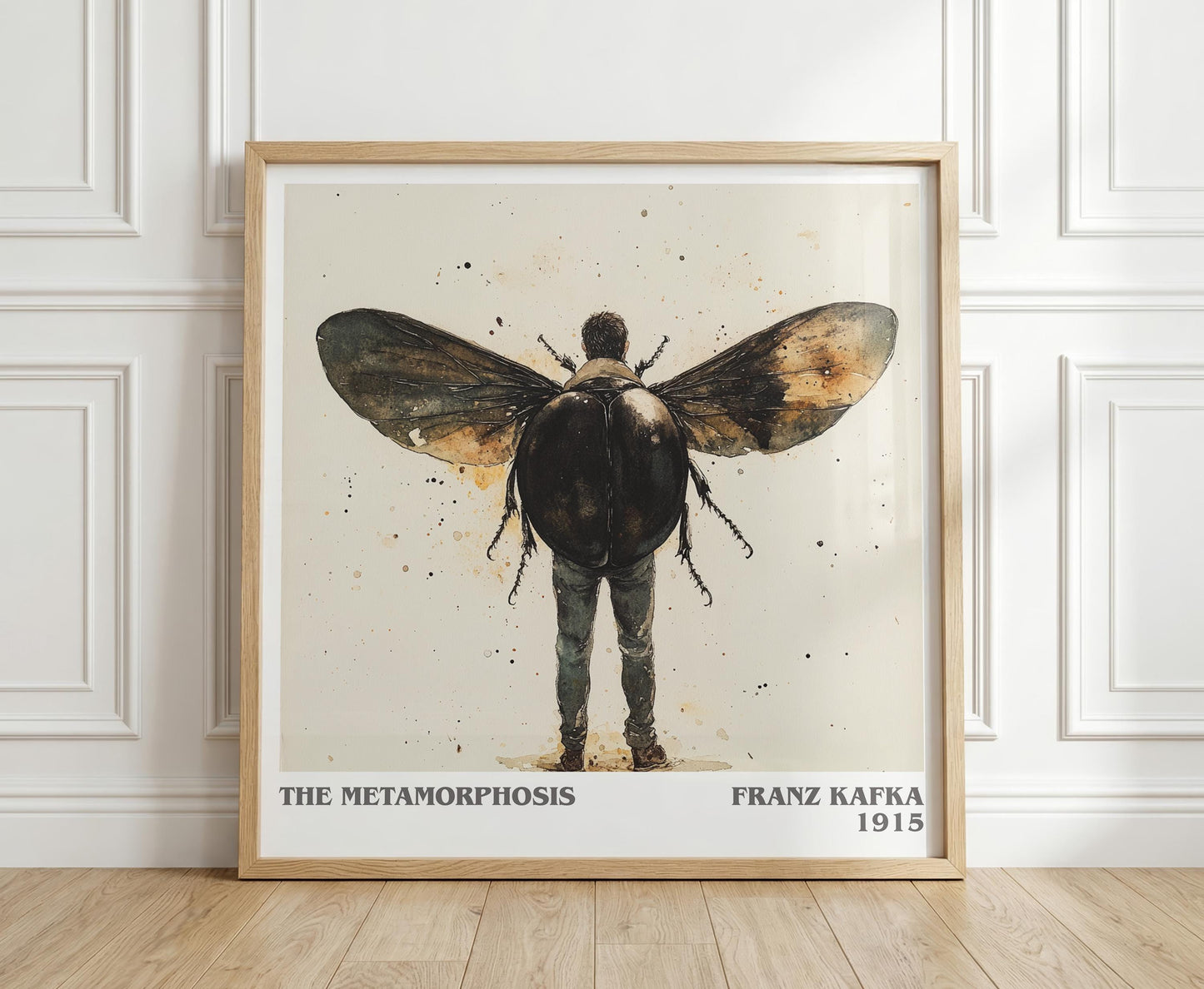 Metamorphosis literary print in frame leaning in hallway – literary fiction wall art