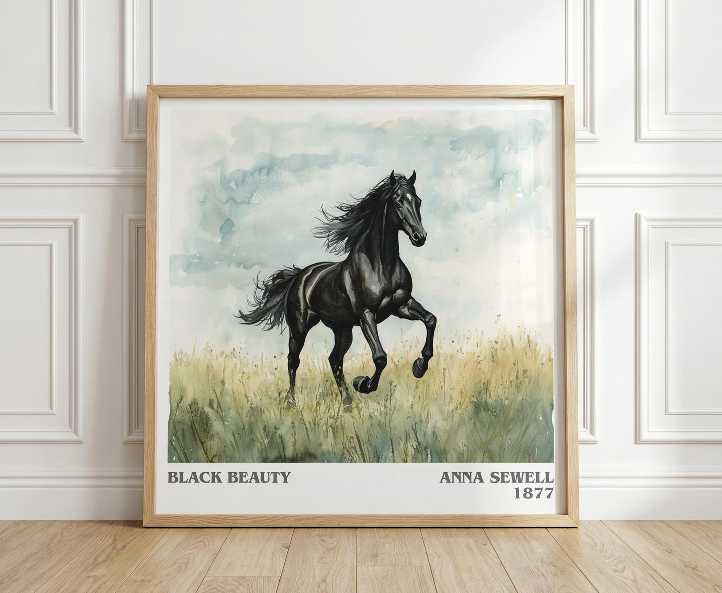 Black Beauty literary print in frame leaning in hallway – classic literature wall art
