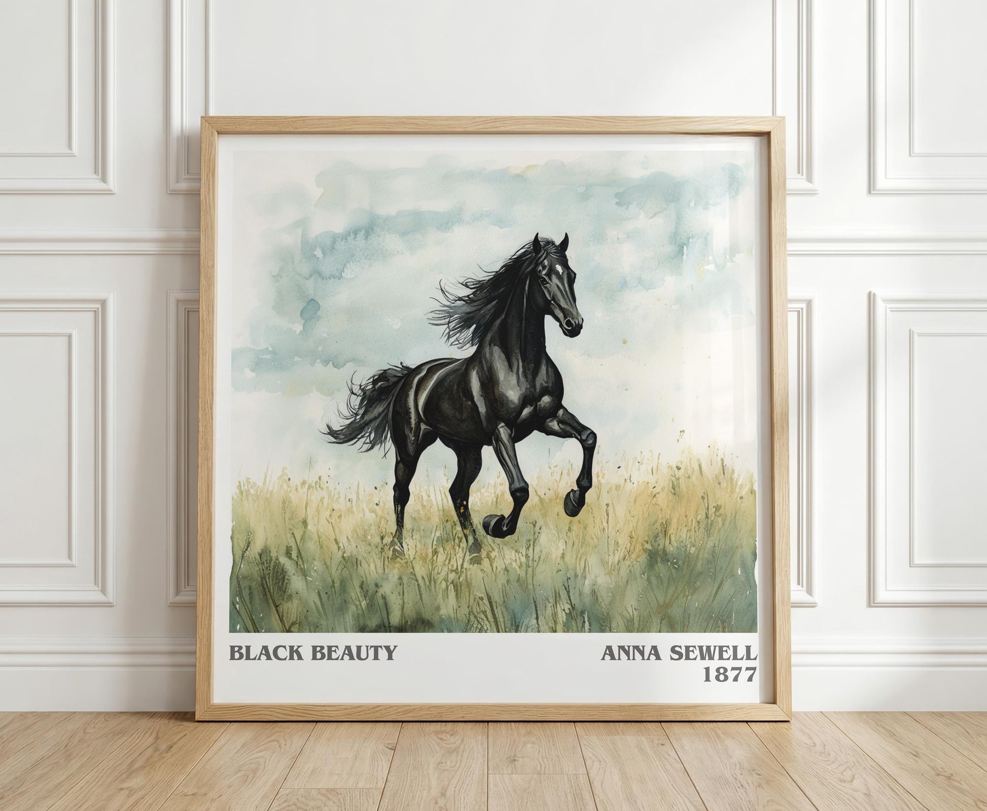Black Beauty literary print in frame leaning in hallway – classic literature wall art