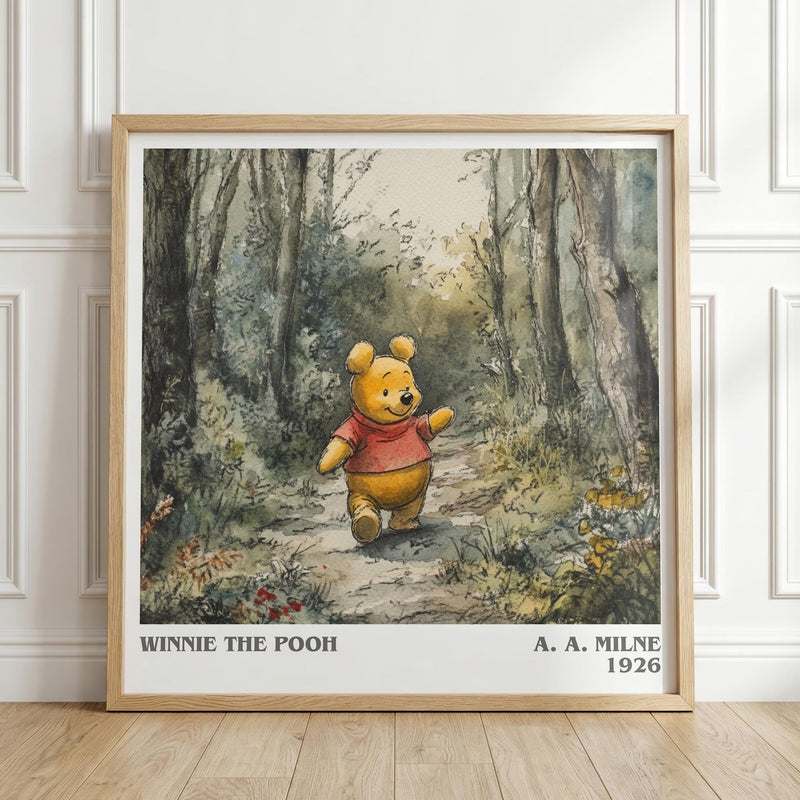 Winnie the Pooh literary print in frame leaning in hallway – childrens wall art