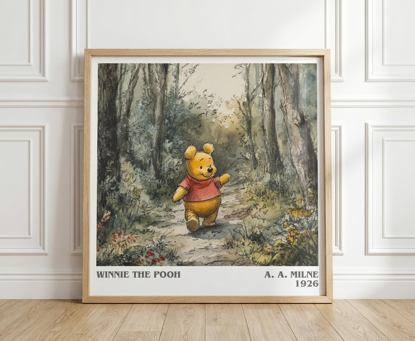 Winnie the Pooh literary print in frame leaning in hallway – childrens wall art