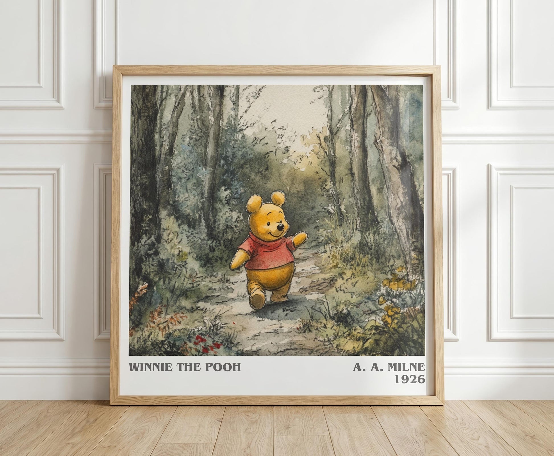 Winnie the Pooh literary print in frame leaning in hallway – childrens wall art