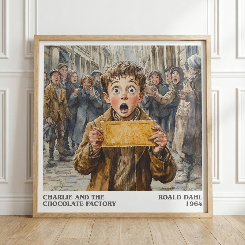 Charlie and the Chocolate Factory literary print in frame leaning in hallway – childrens wall art