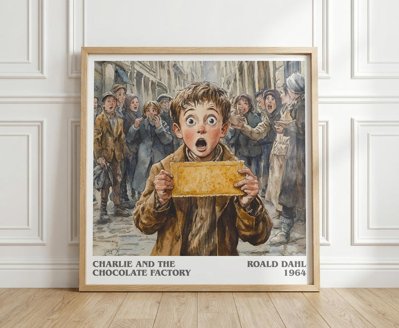 Charlie and the Chocolate Factory literary print in frame leaning in hallway – childrens wall art