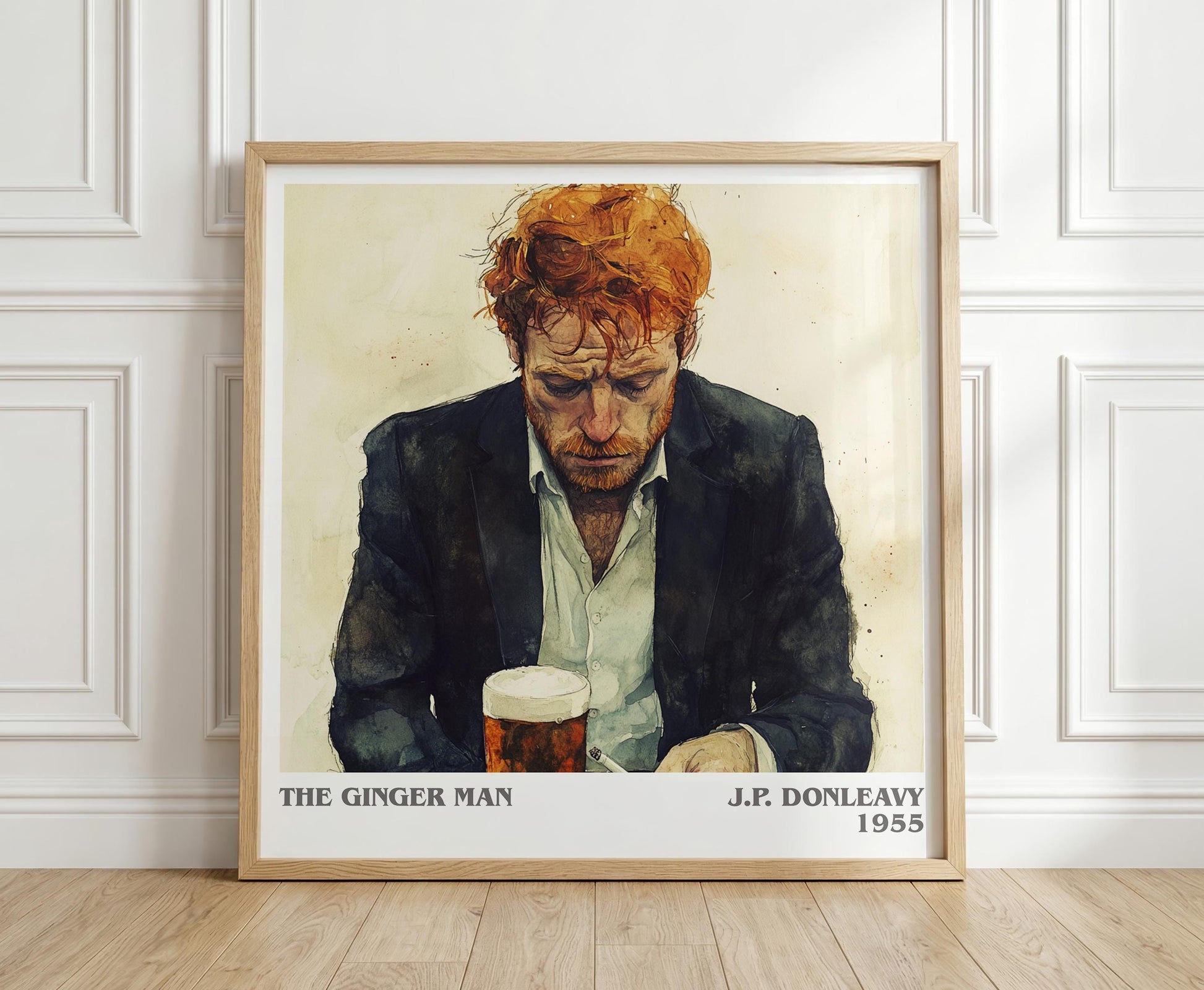 The Ginger Man literary print in frame leaning in hallway – coming of age wall art