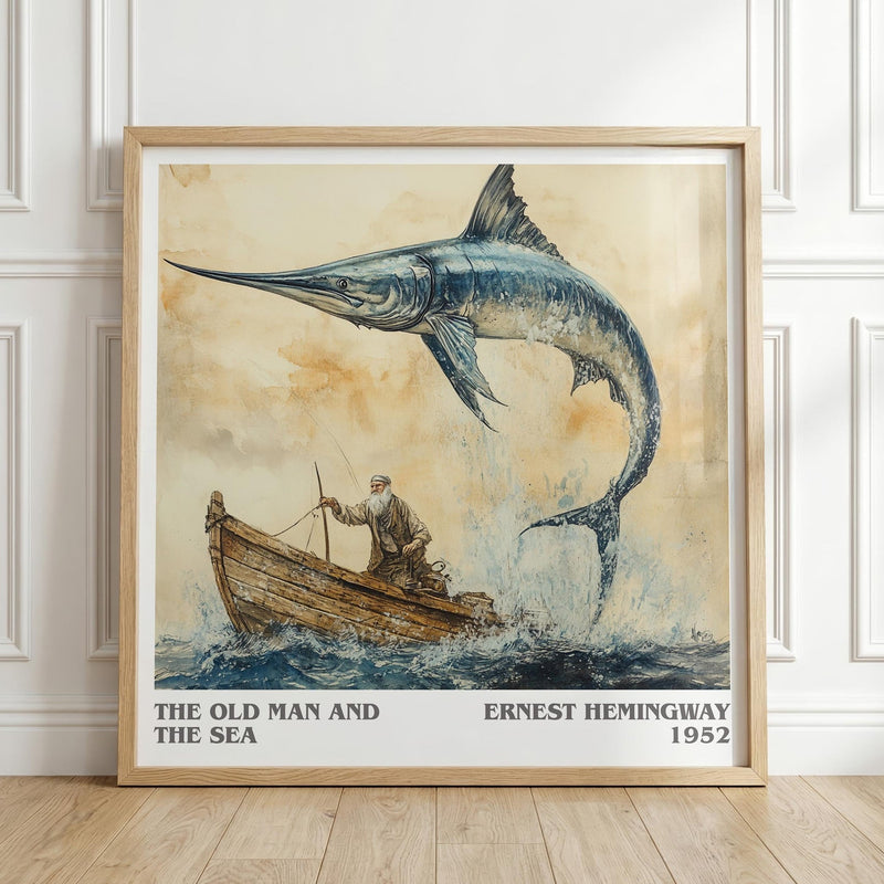 The Old Man and the Sea literary print in frame leaning in hallway – classic literature wall art
