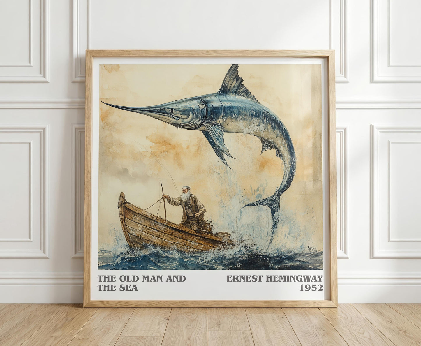 The Old Man and the Sea literary print in frame leaning in hallway – classic literature wall art