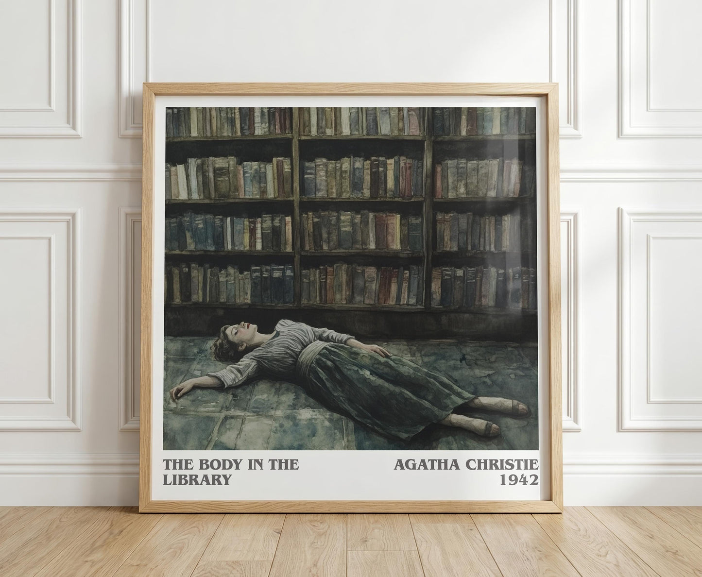 The Body in the Library literary print in frame leaning in hallway – mystery wall art
