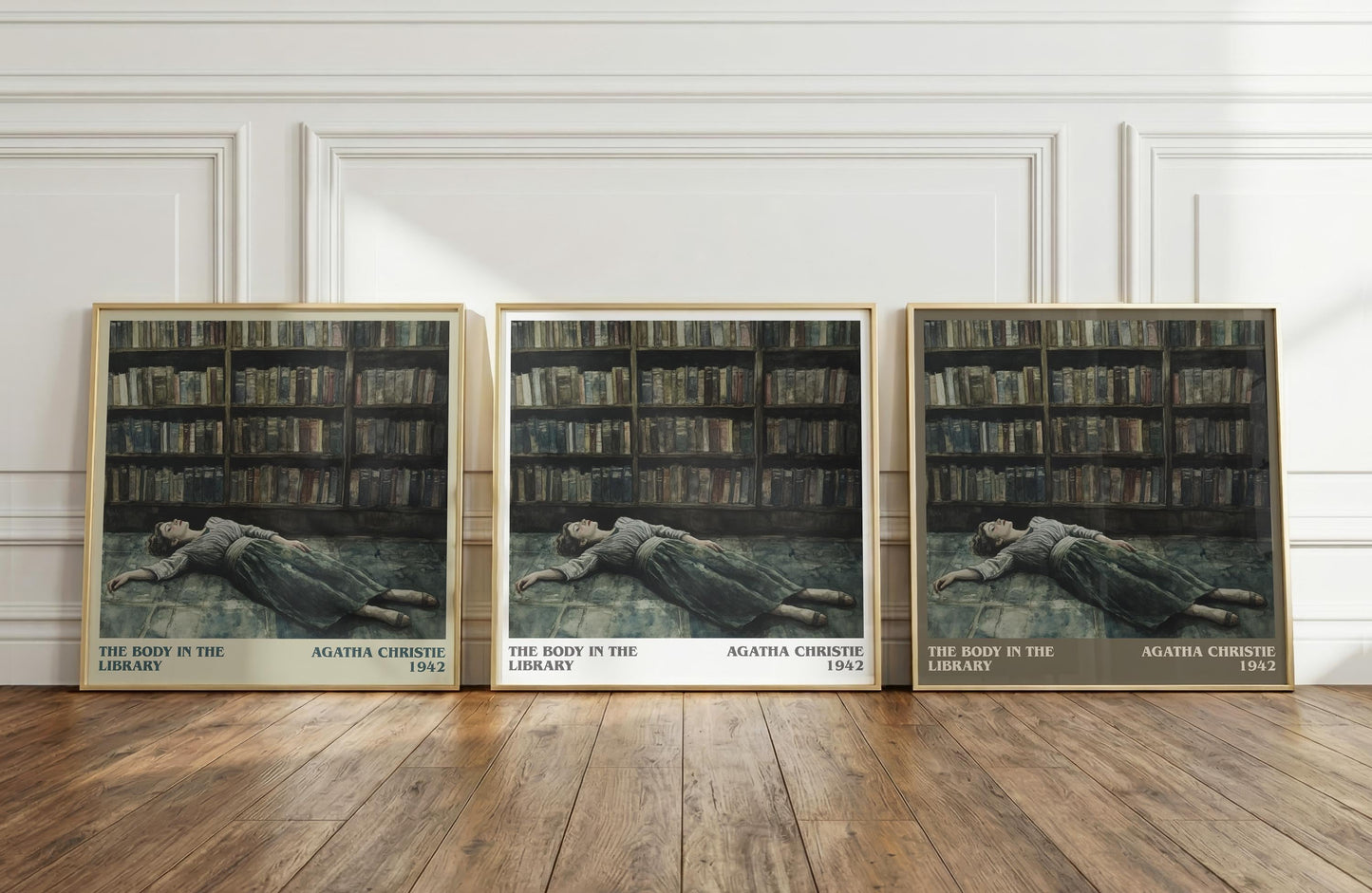 The Body in the Library literary print framed by window – literary home decor