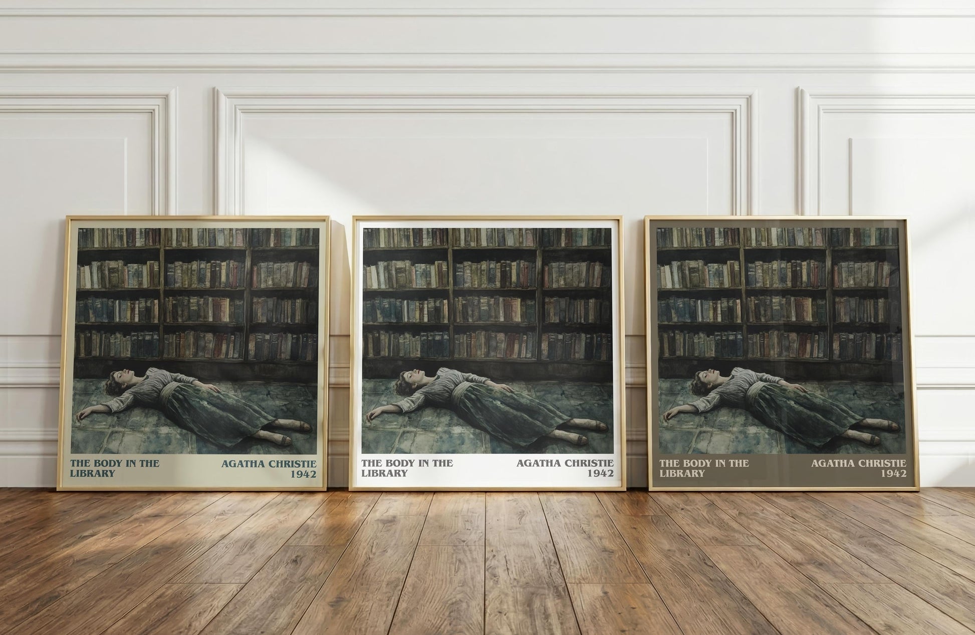 The Body in the Library literary print framed by window – literary home decor