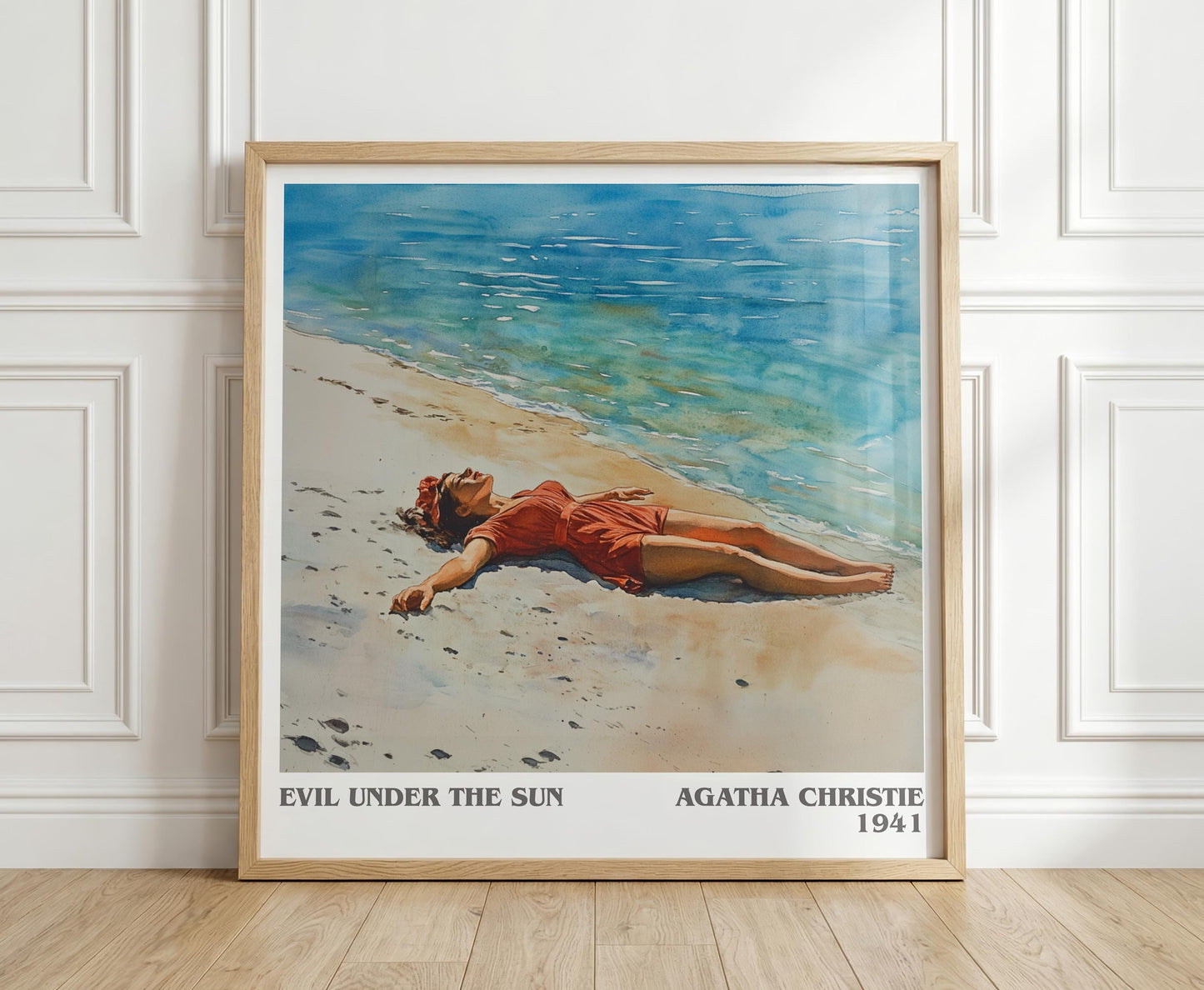 Evil Under the Sun literary print in frame leaning in hallway – mystery wall art
