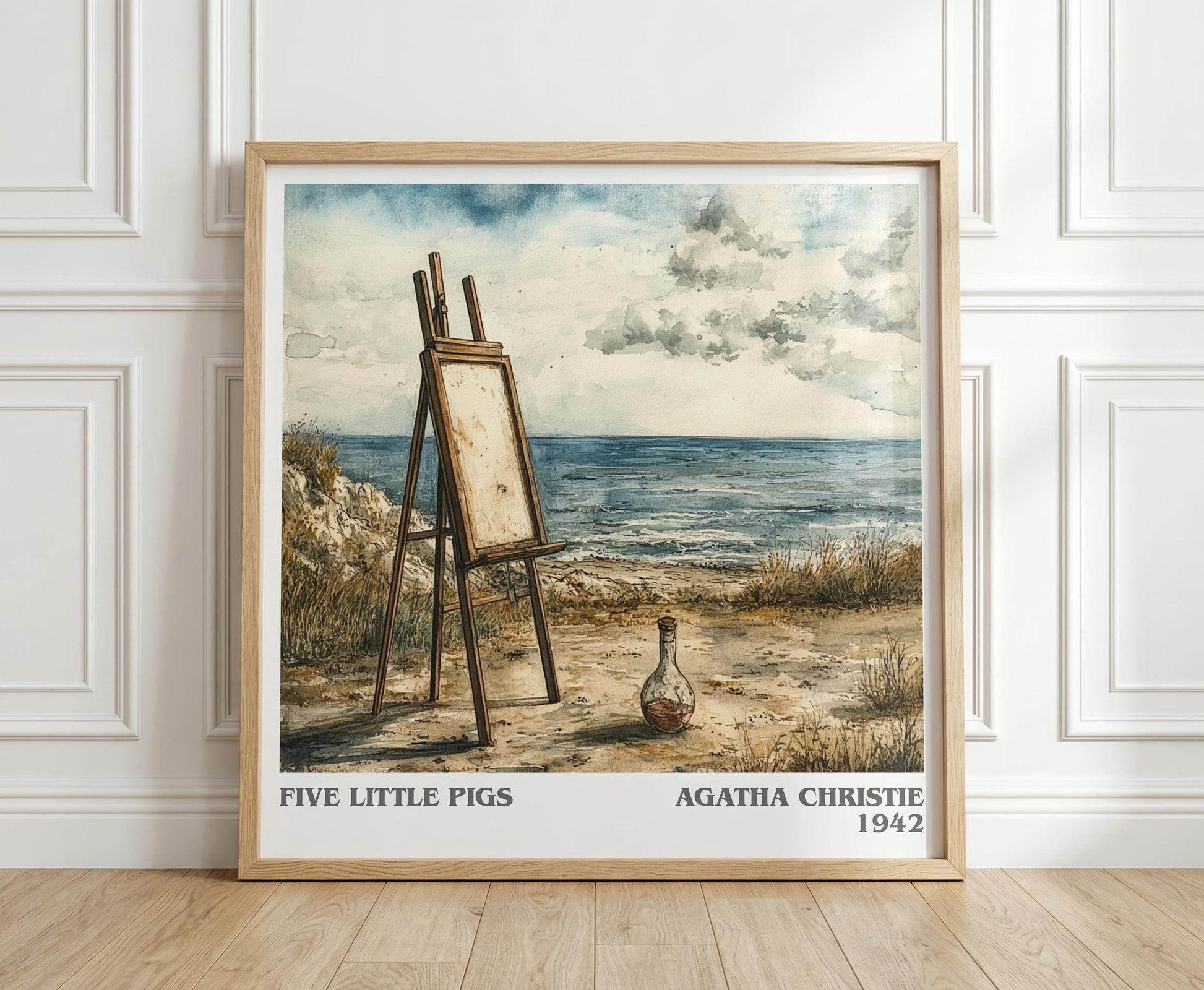 Five Little Pigs literary print in frame leaning in hallway – mystery wall art