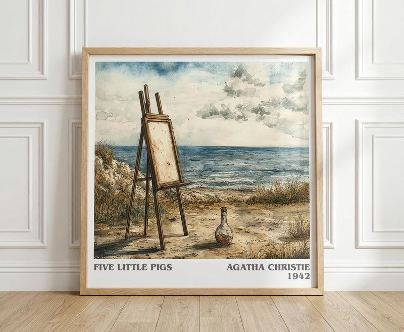 Five Little Pigs literary print in frame leaning in hallway – mystery wall art
