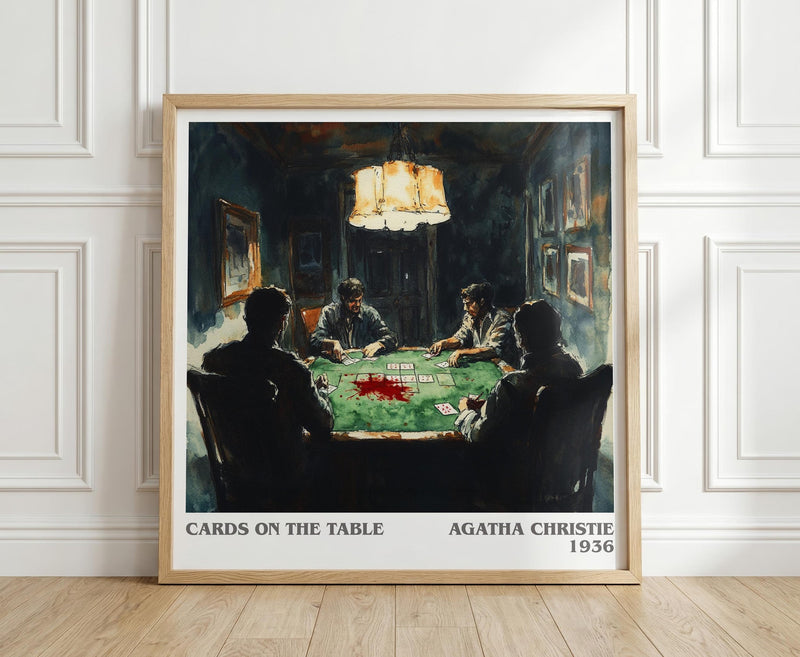 Cards on the Table literary print in frame leaning in hallway – mystery wall art
