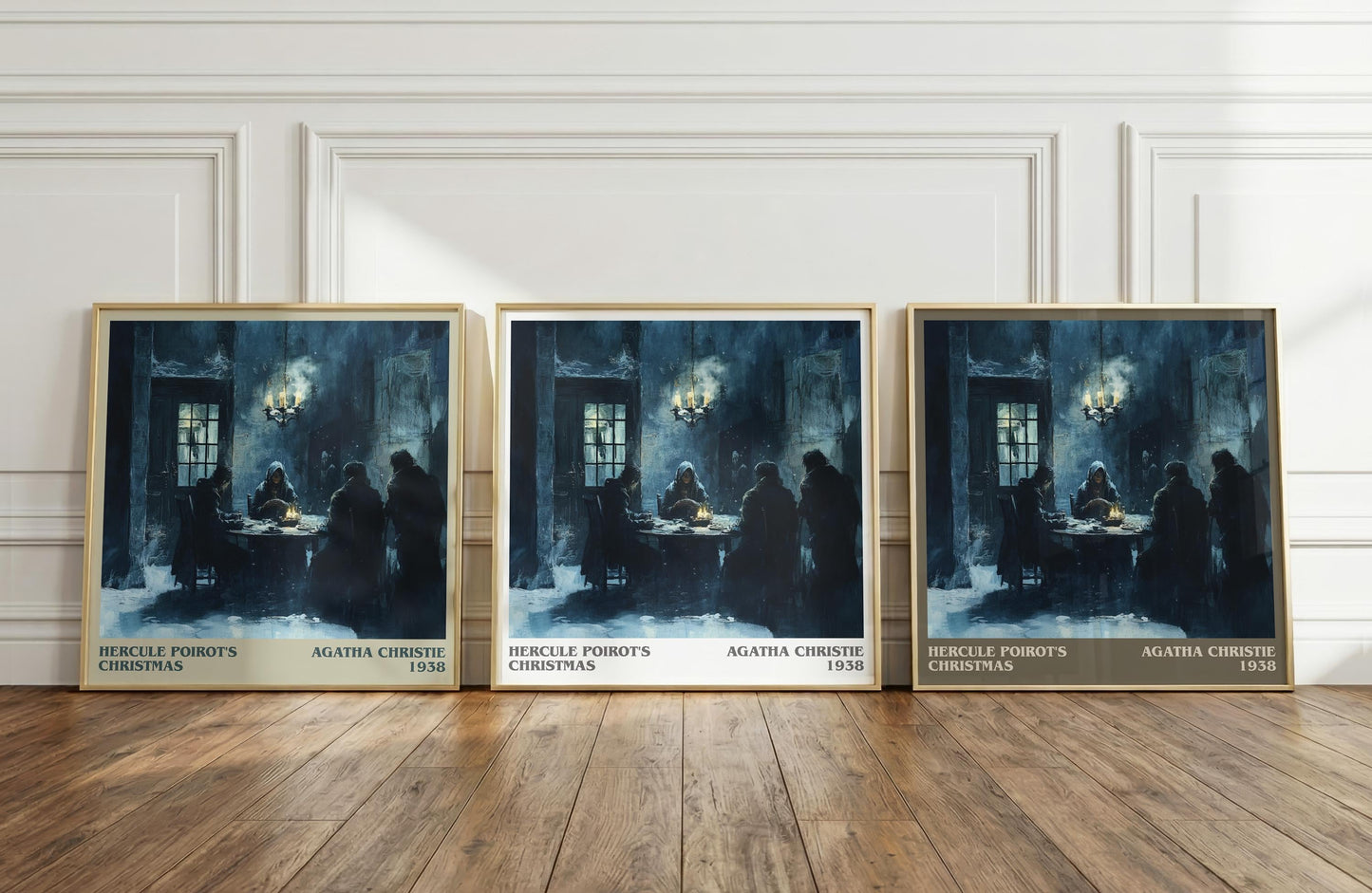 Hercule Poirot's Christmas literary print framed by window – literary home decor
