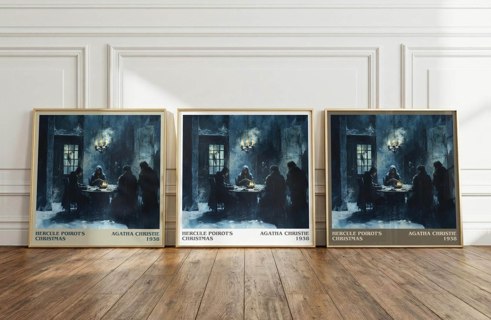 Hercule Poirot's Christmas literary print framed by window – literary home decor