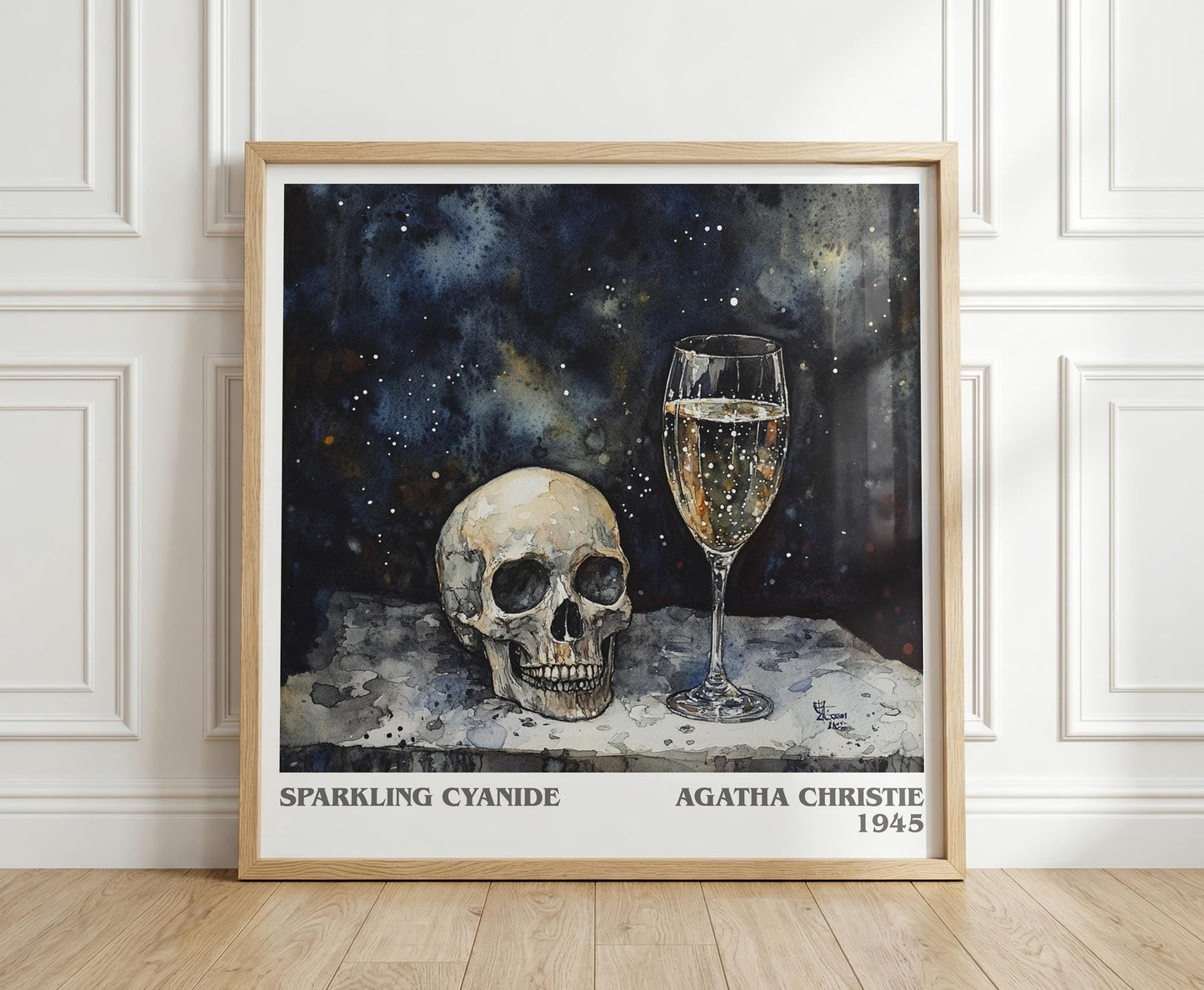 Sparkling Cyanide literary print in frame leaning in hallway – mystery wall art