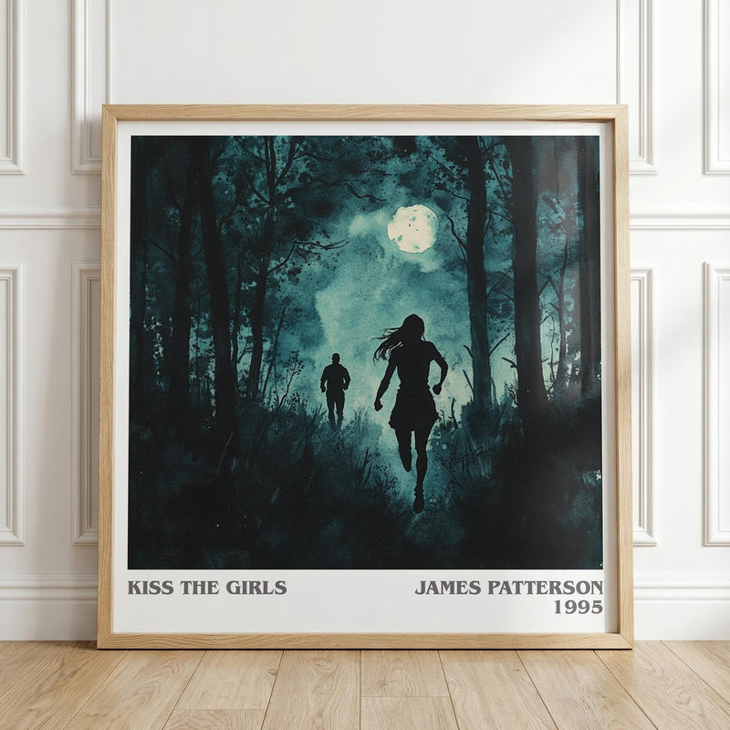 Kiss the Girls literary print in frame leaning in hallway – thriller wall art