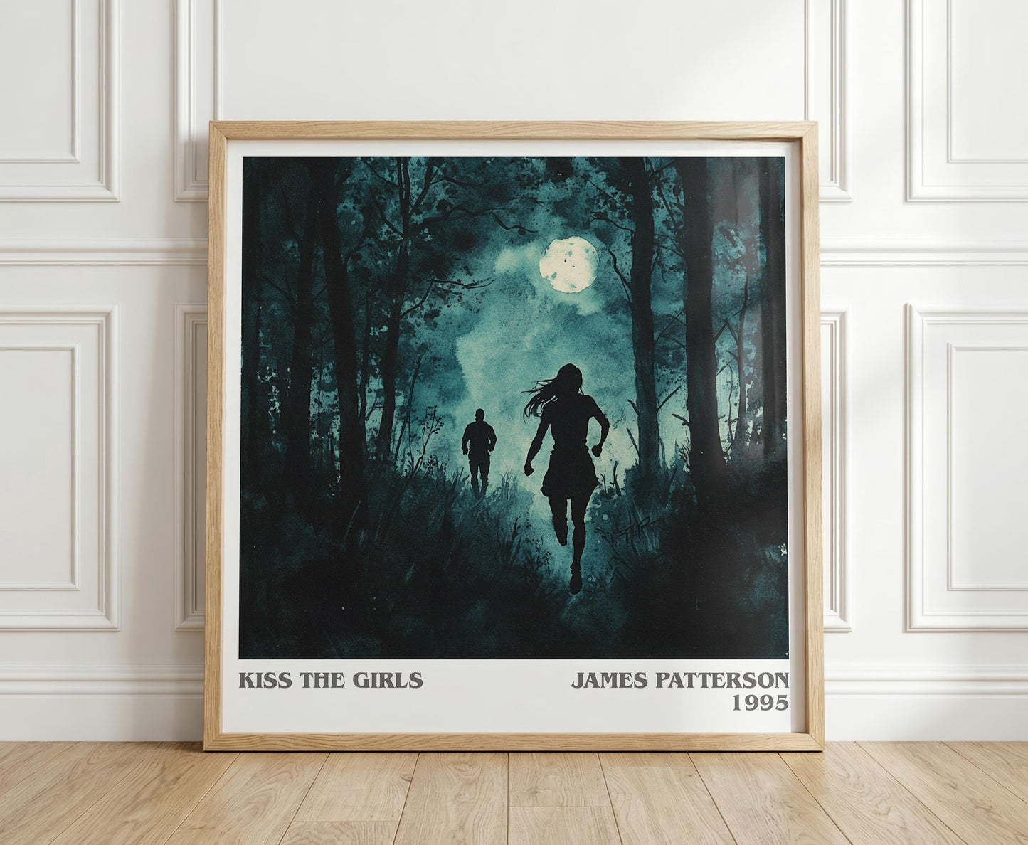 Kiss the Girls literary print in frame leaning in hallway – thriller wall art