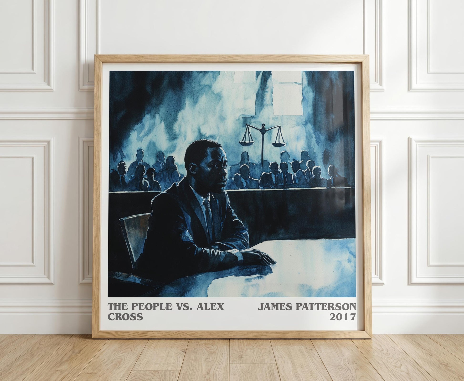 The People Vs. Alex Cross literary print in frame leaning in hallway – thriller wall art