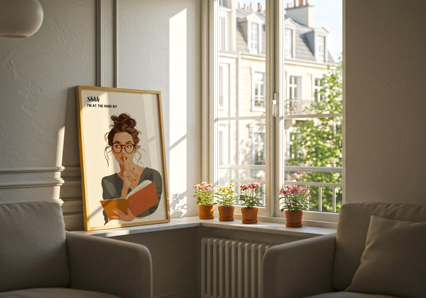 Shhh I'm At The Good Bit Print | Moody Reading Girl | Cozy Wall Decor | Book Lover Gift | Nook Poster | Reader Gift | Aesthetic Art - Book Poster Art Print Decor Bookish