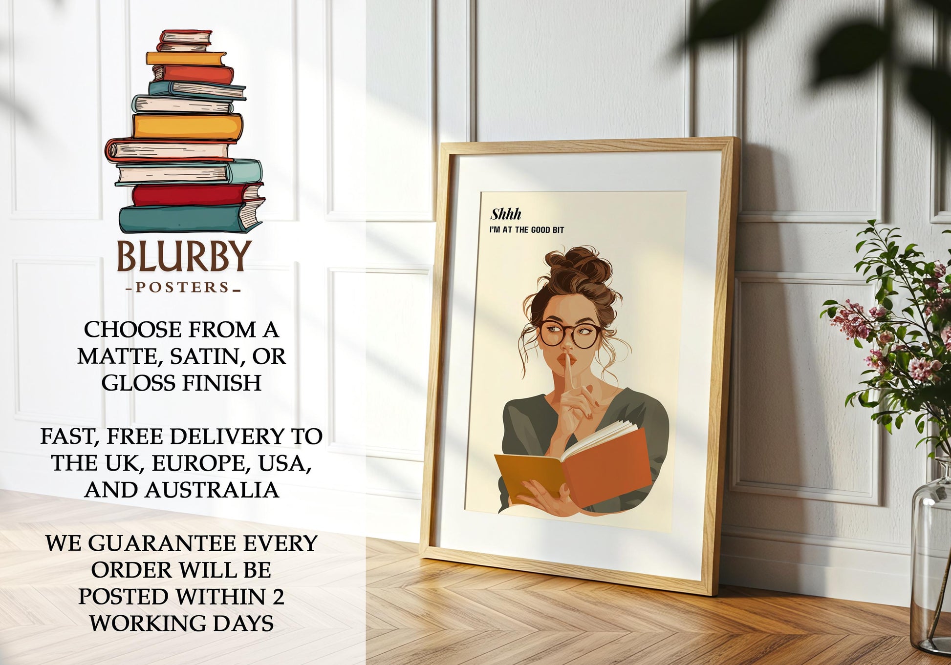 Shhh I'm At The Good Bit Print | Moody Reading Girl | Cozy Wall Decor | Book Lover Gift | Nook Poster | Reader Gift | Aesthetic Art - Book Poster Art Print Decor Bookish