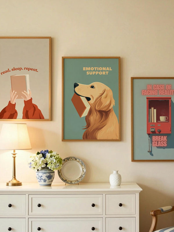 Emotional Support Dog Reading Print | Funny Golden Retriever | Cozy Wall Decor | Book Lover Gift | Nook Poster | Reader Gift | Aesthetic Art - Book Poster Art Print Decor Bookish