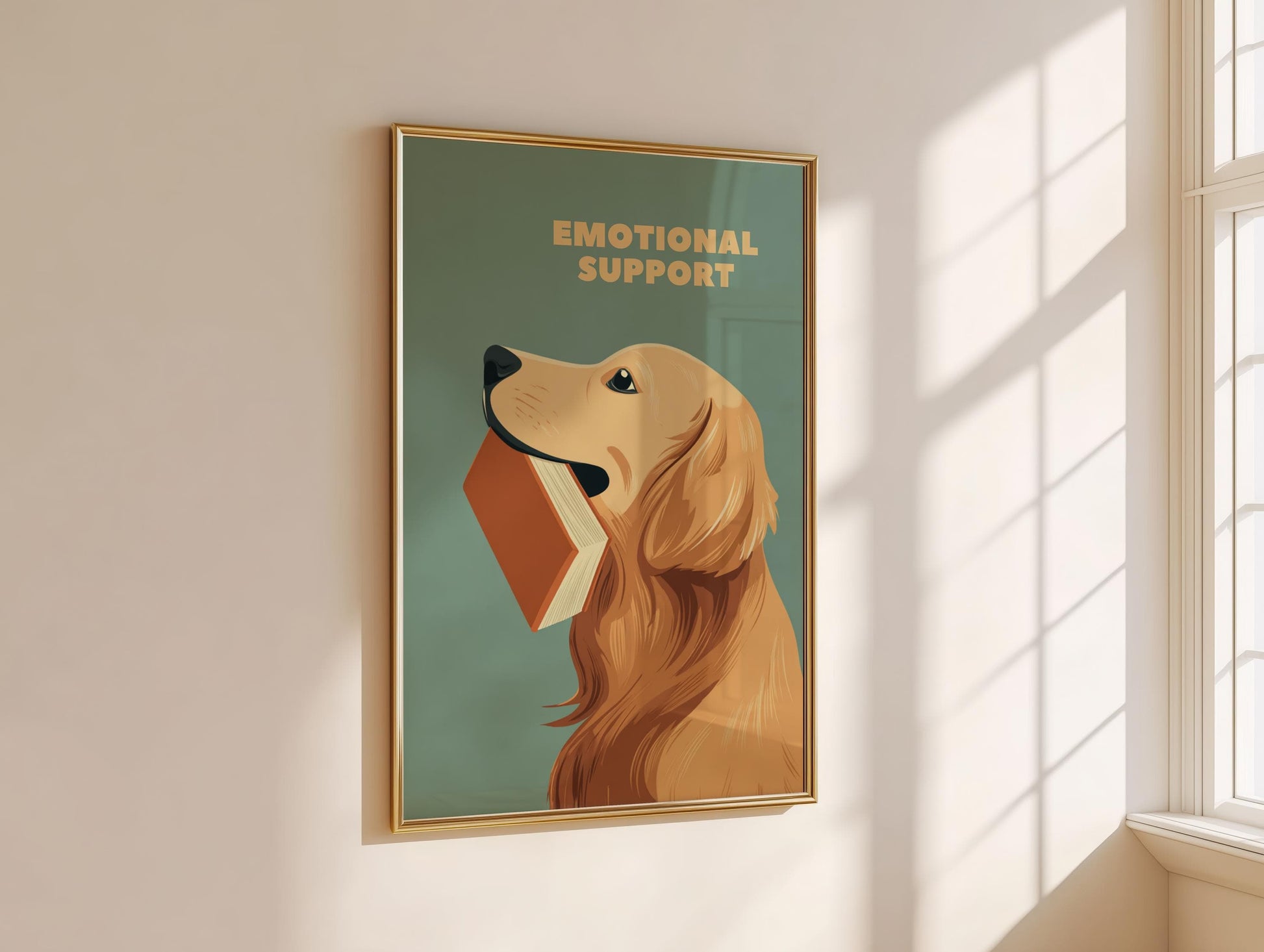 Emotional Support Dog Reading Print | Funny Golden Retriever | Cozy Wall Decor | Book Lover Gift | Nook Poster | Reader Gift | Aesthetic Art - Book Poster Art Print Decor Bookish