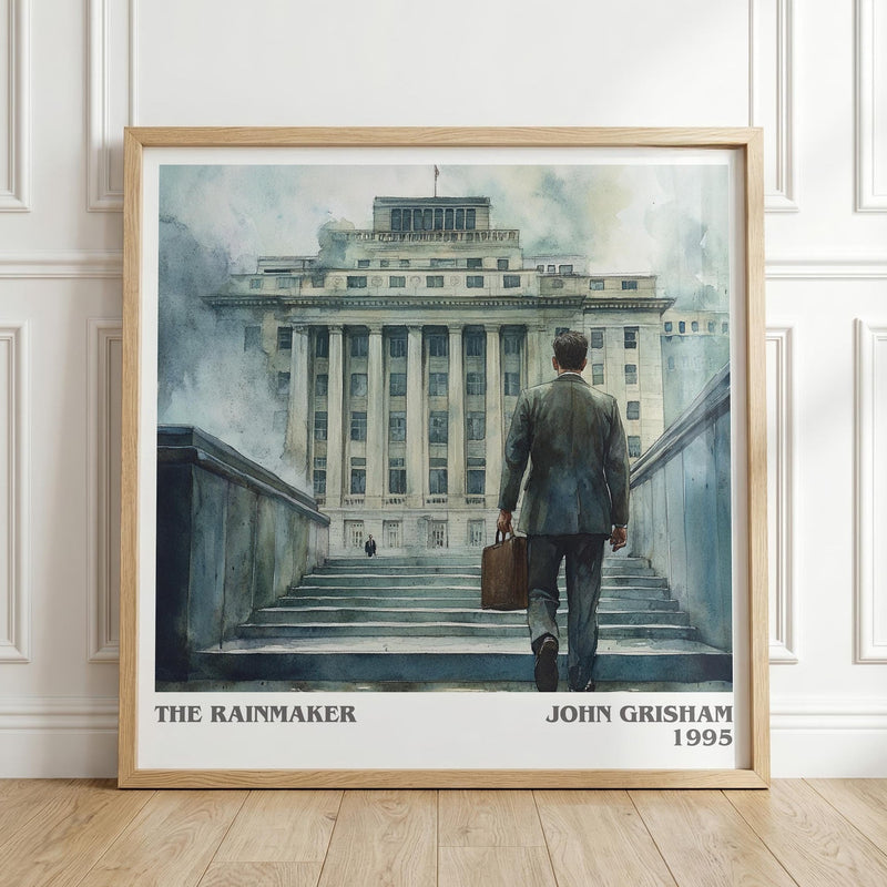 The Rainmaker literary print in frame leaning in hallway – thriller wall art