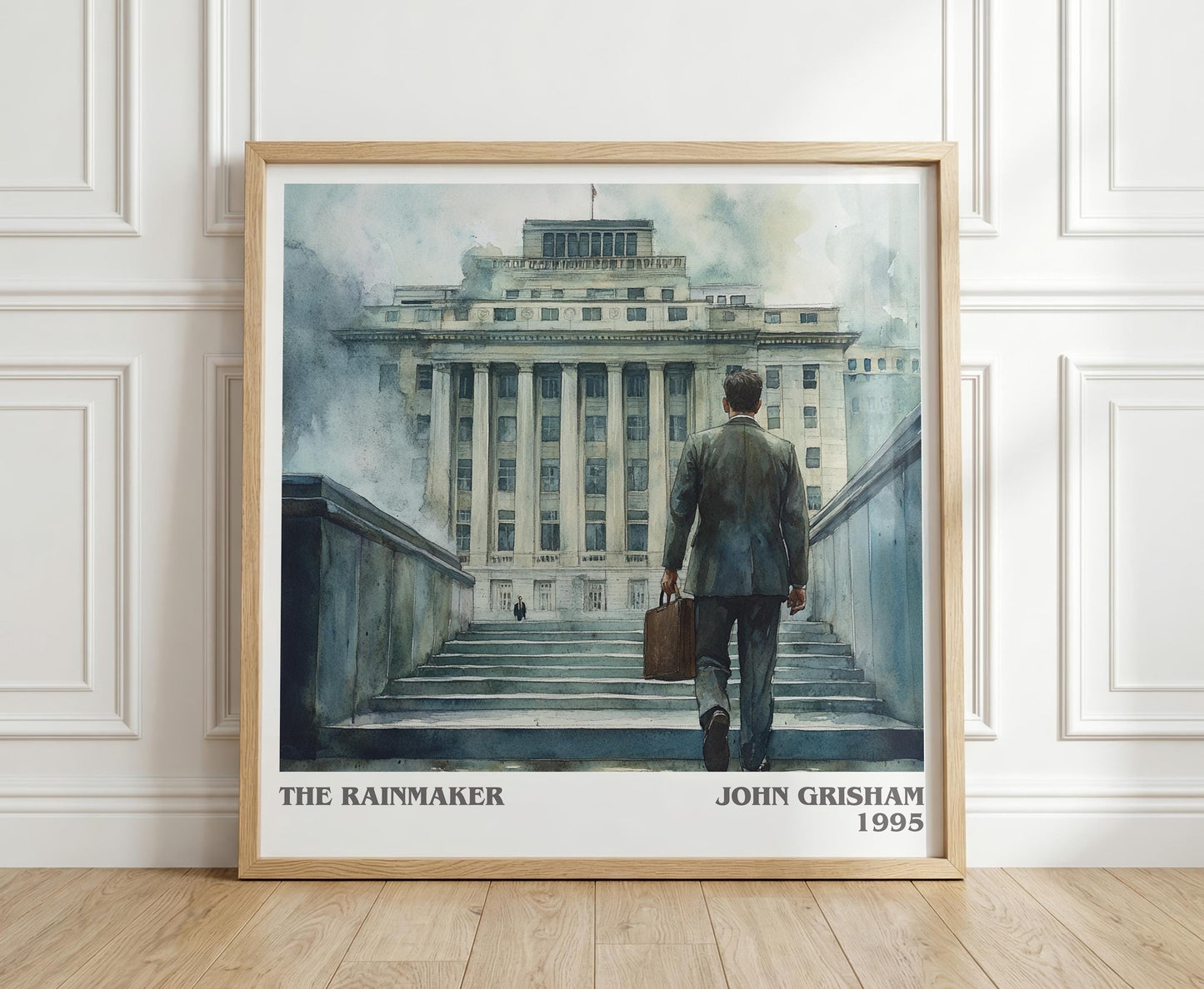 The Rainmaker literary print in frame leaning in hallway – thriller wall art