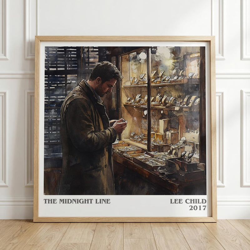 The Midnight Line literary print in frame leaning in hallway – thriller wall art