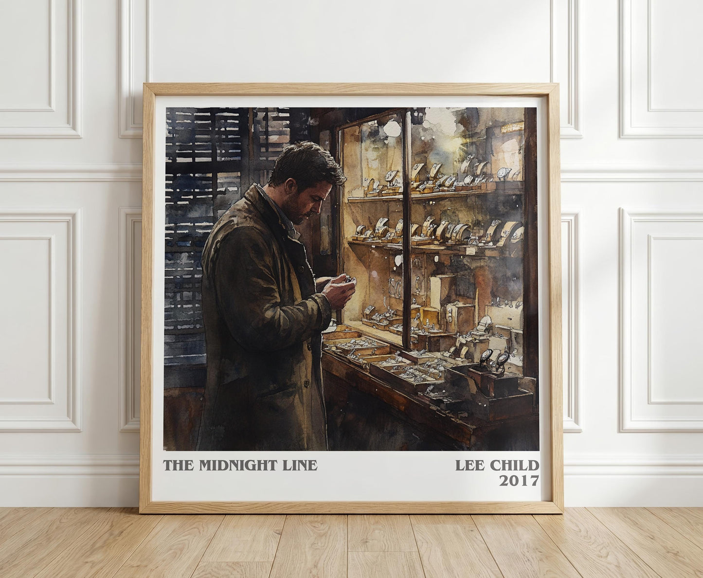 The Midnight Line literary print in frame leaning in hallway – thriller wall art
