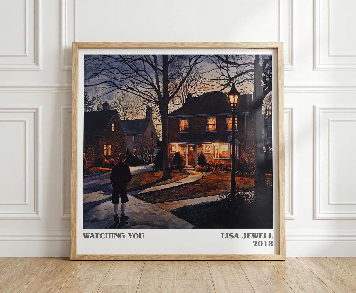 Watching You literary print in frame leaning in hallway – thriller wall art